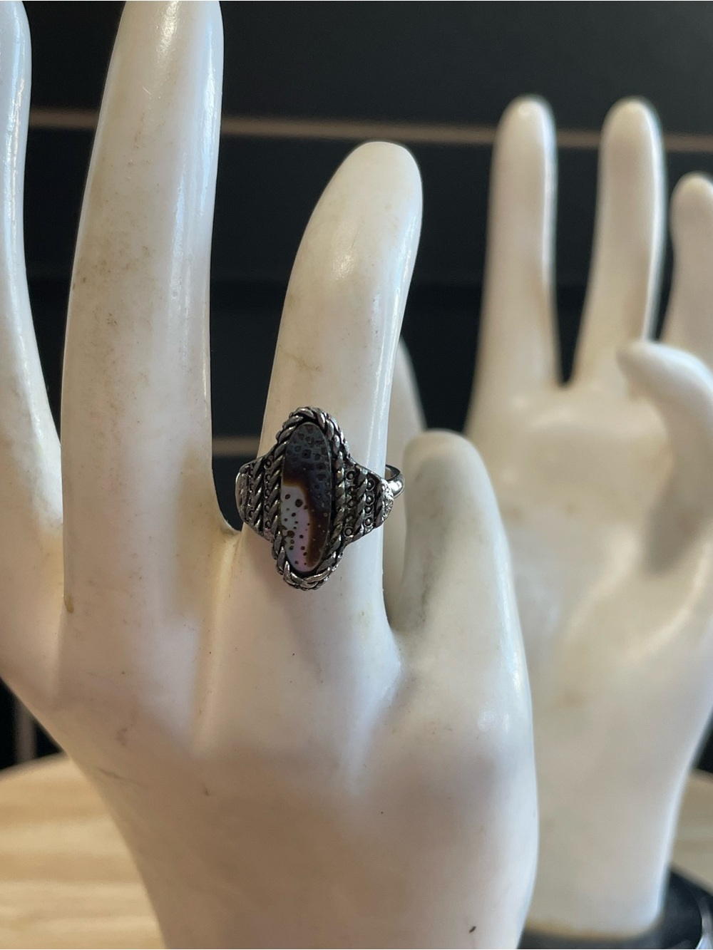 Silver Brown Dotted Statement Ring